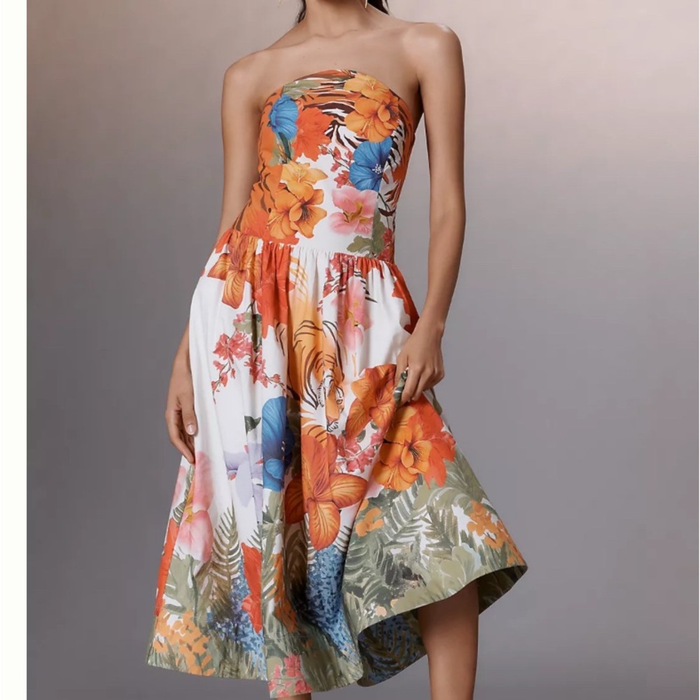 Maeve Strapless Floral Midi Dress in Orange, Blue, Green, White